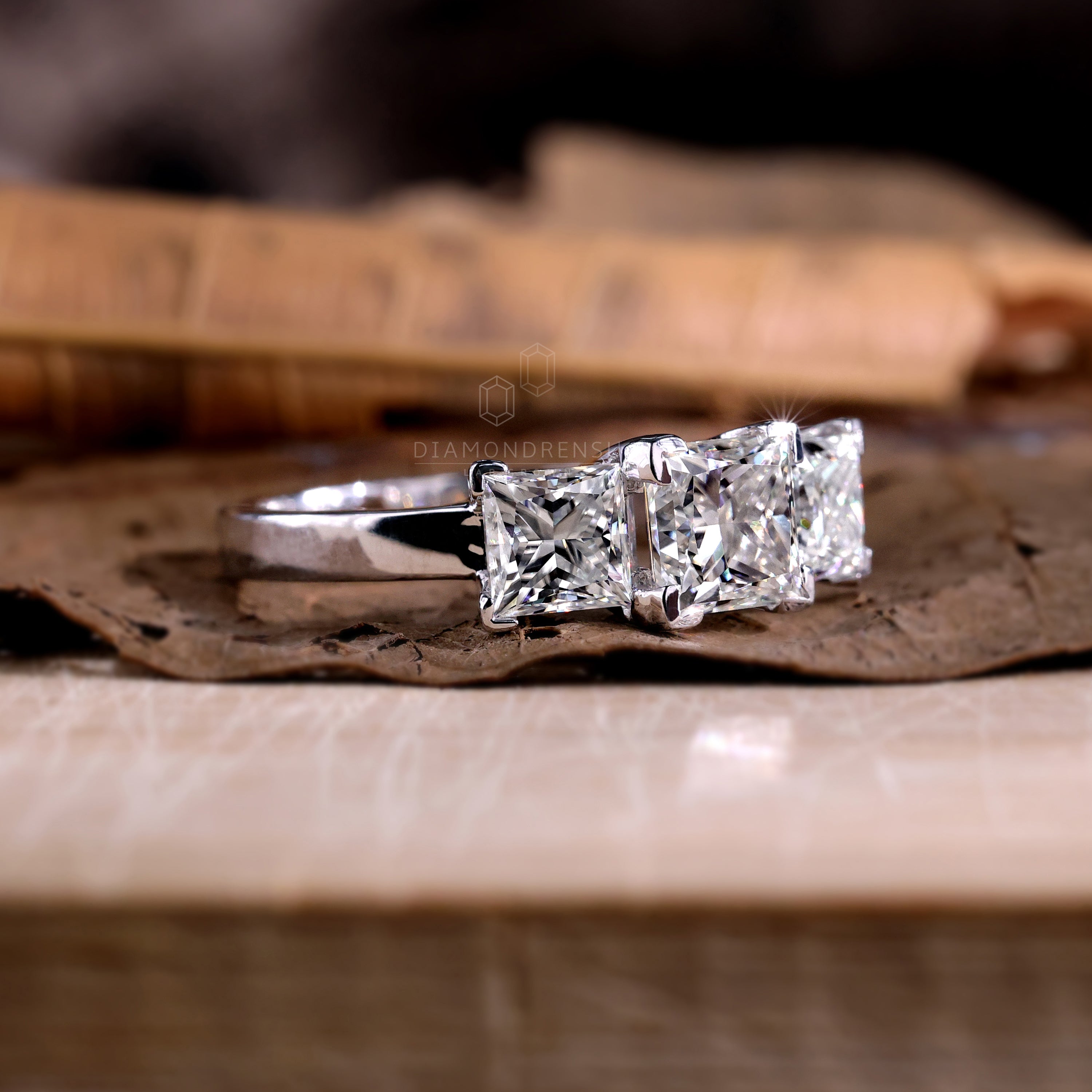 Three Stone Engagement Ring | Princess Cut Lab Diamond Ring for Women