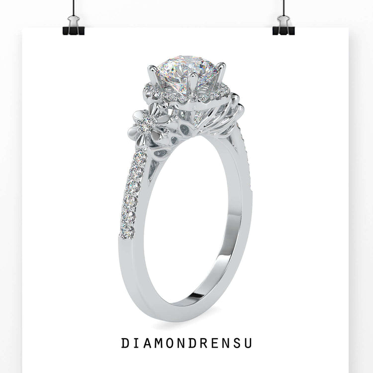 Pave engagement ring with flower-inspired diamond accents.
