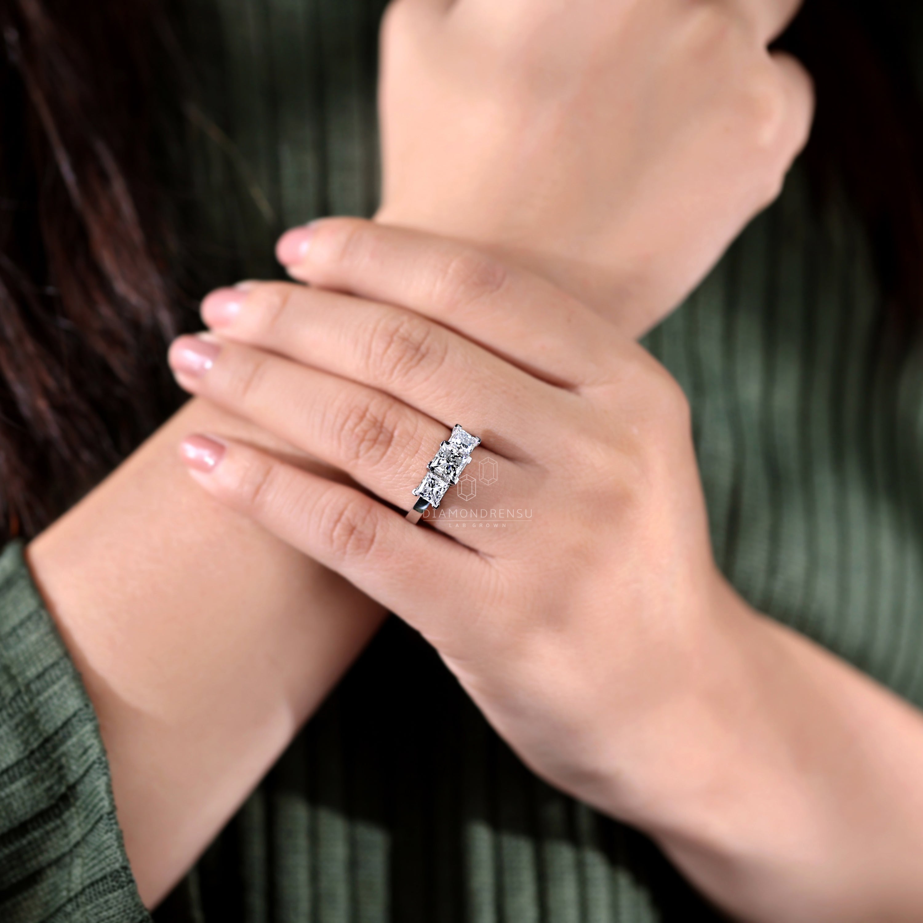 Three Stone Engagement Ring | Princess Cut Lab Diamond Ring for Women