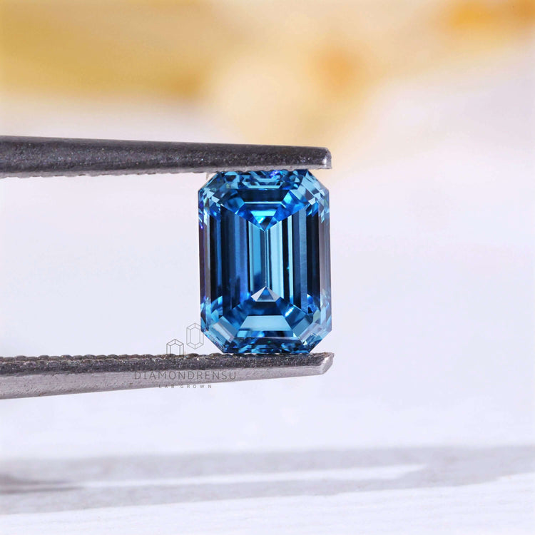 Emerald cut diamond lab grown blue diamond.
