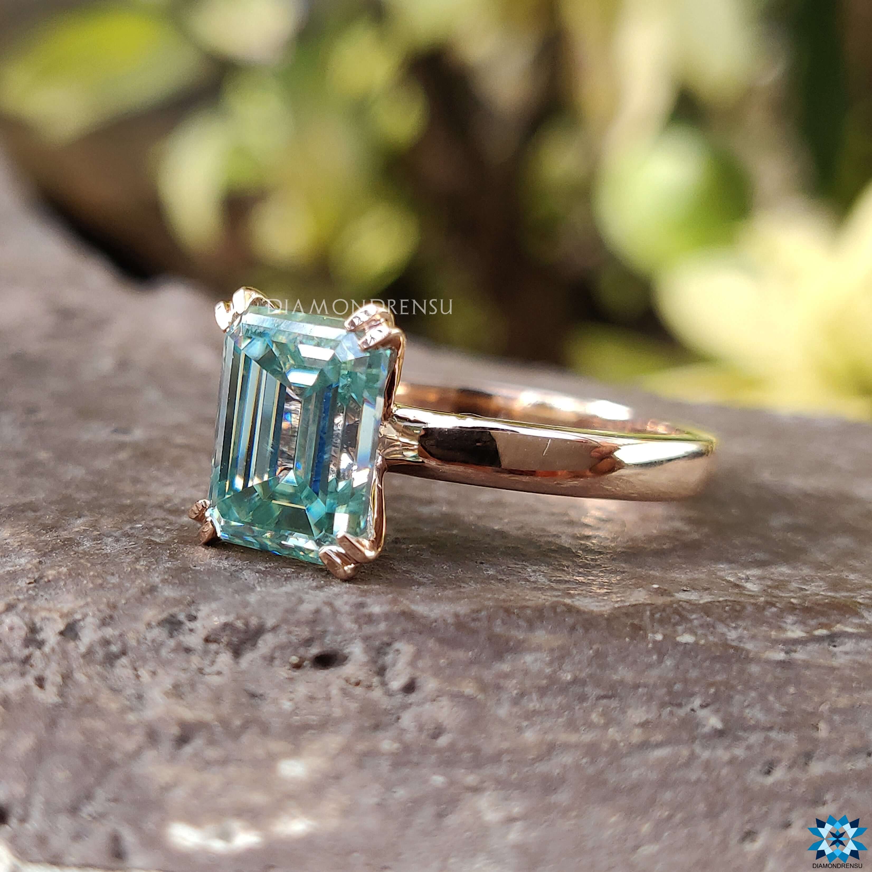 Aqua Green Emerald Cut Moissanite Ring In Solitaire Style