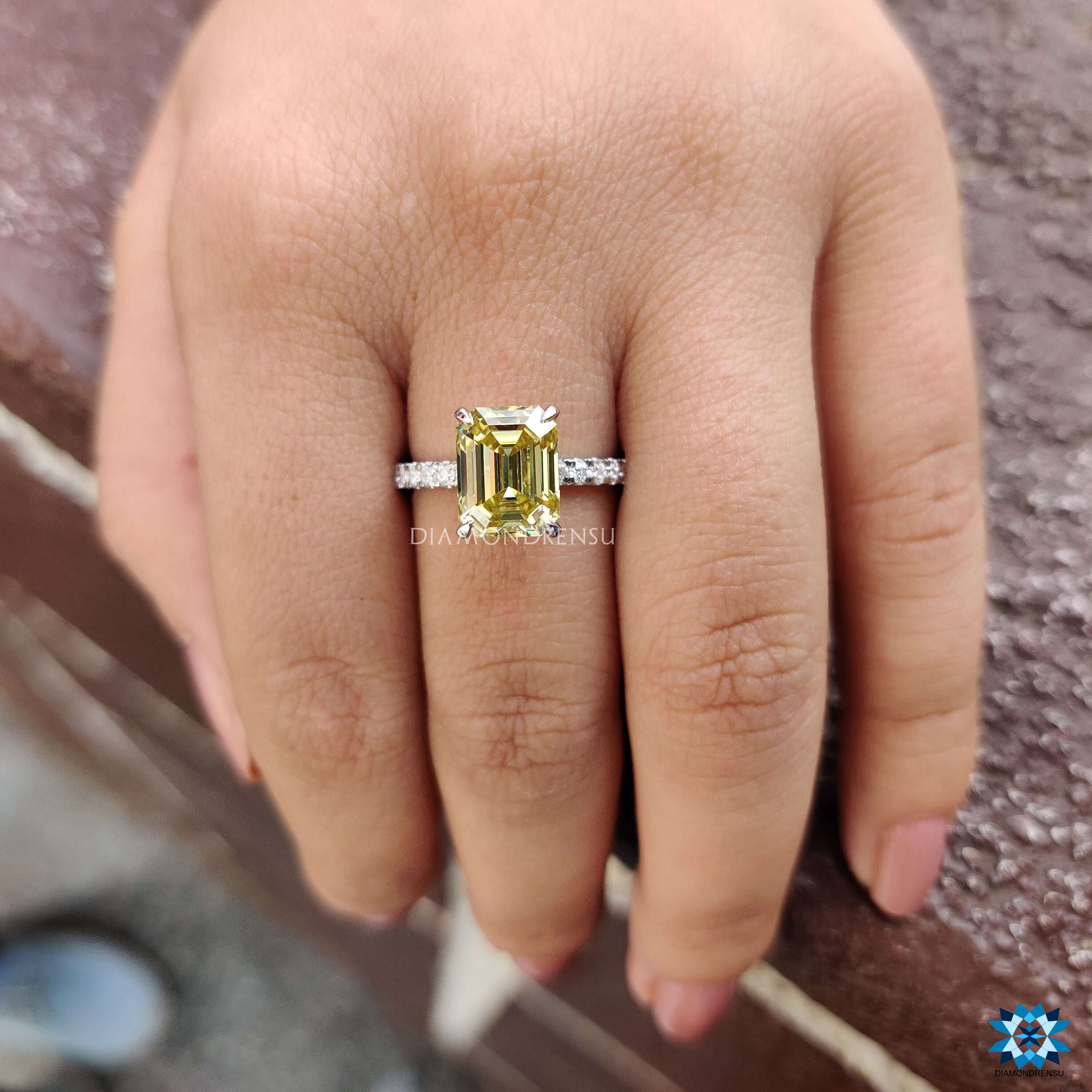 Canary Vivid Yellow 3.82 TCW Emerald Cut Unique Moissanite Engagement Ring