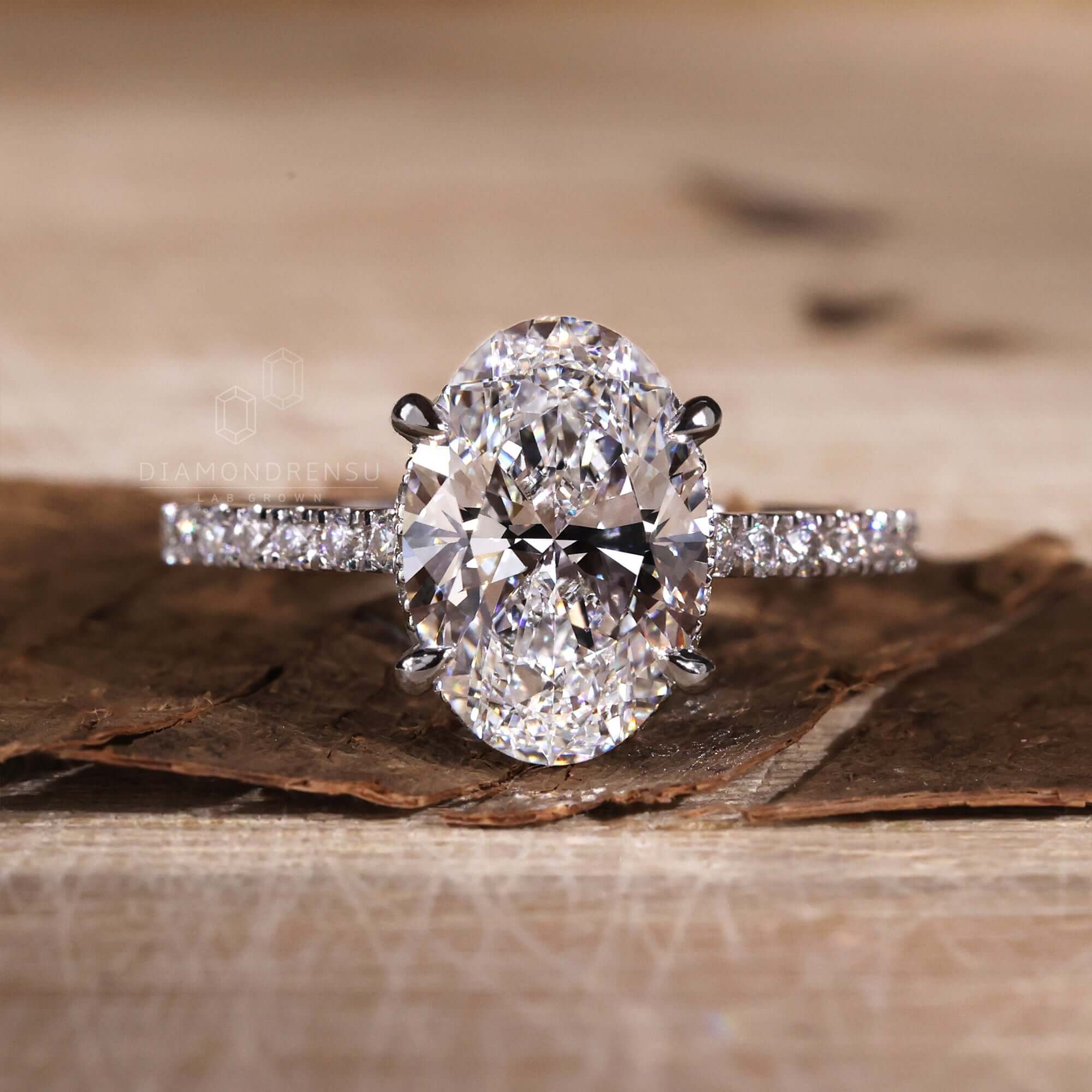 Oval Diamond Engagement Ring Set with Matching Leaf Ring | Ken & Dana