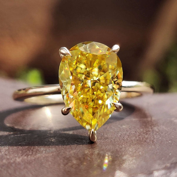 Moissanite Solitaire Ring, Canary Yellow Pear Moissanite Wedding Ring