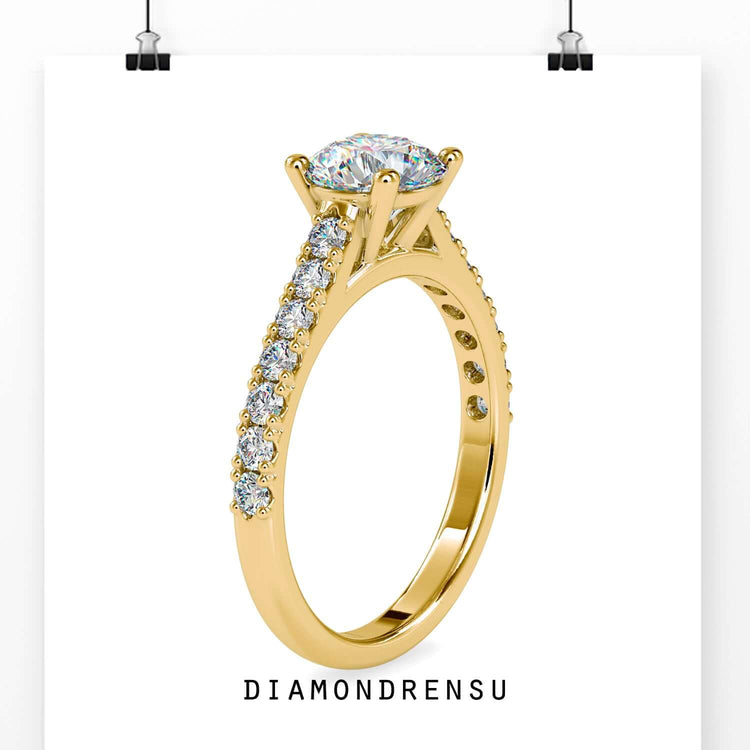 Four prong cathedral setting ring with a round diamond centerpiece and handmade craftsmanship.
