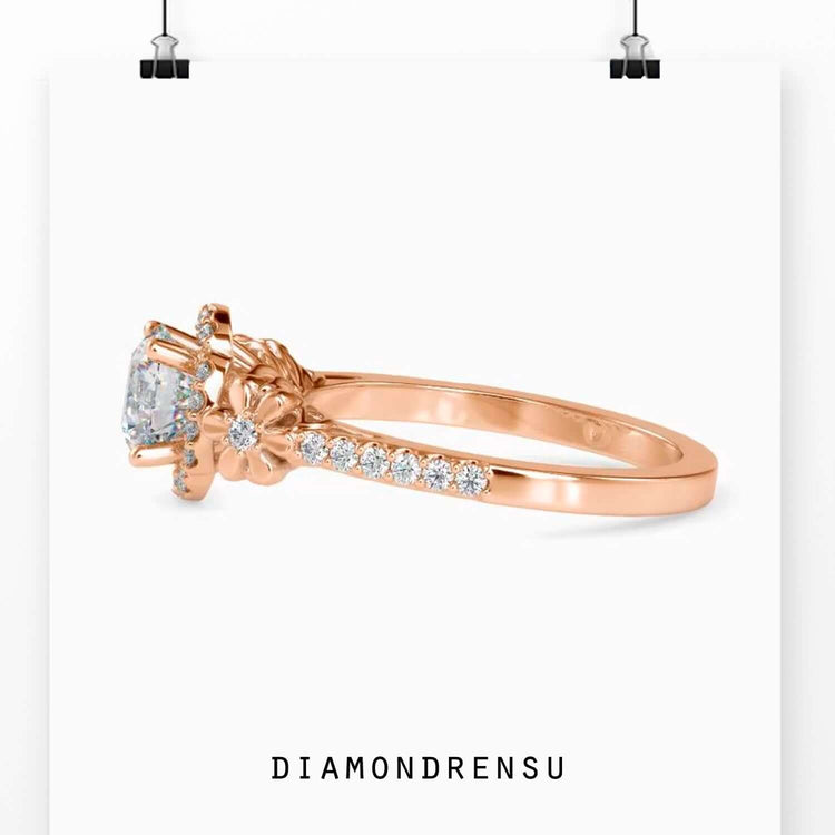 Flower with ring design featuring a rose gold flower engagement ring.
