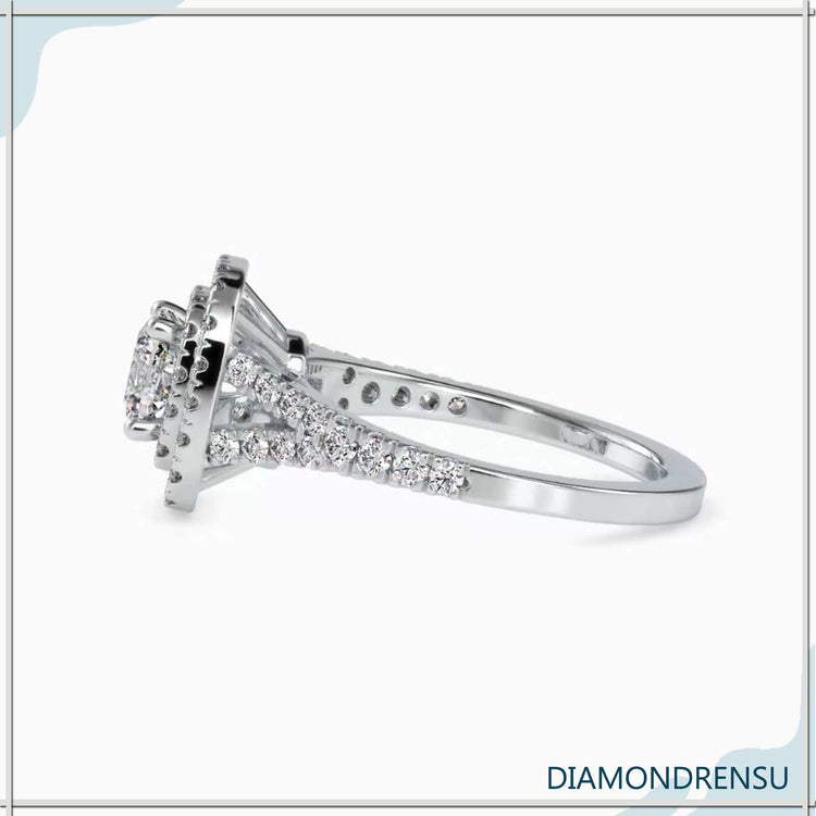 2 carat cushion cut pave engagement ring with a double halo and a ring split design.