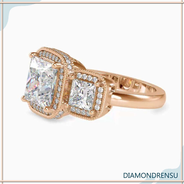 Three stone diamond ring with lab grown diamonds, white gold