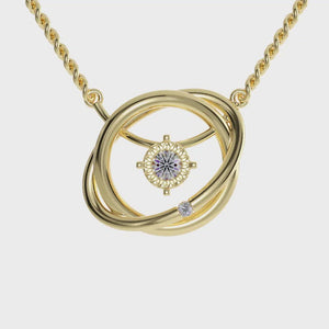2 round diamond pendant set in a yellow gold pendant with a handmade finish.