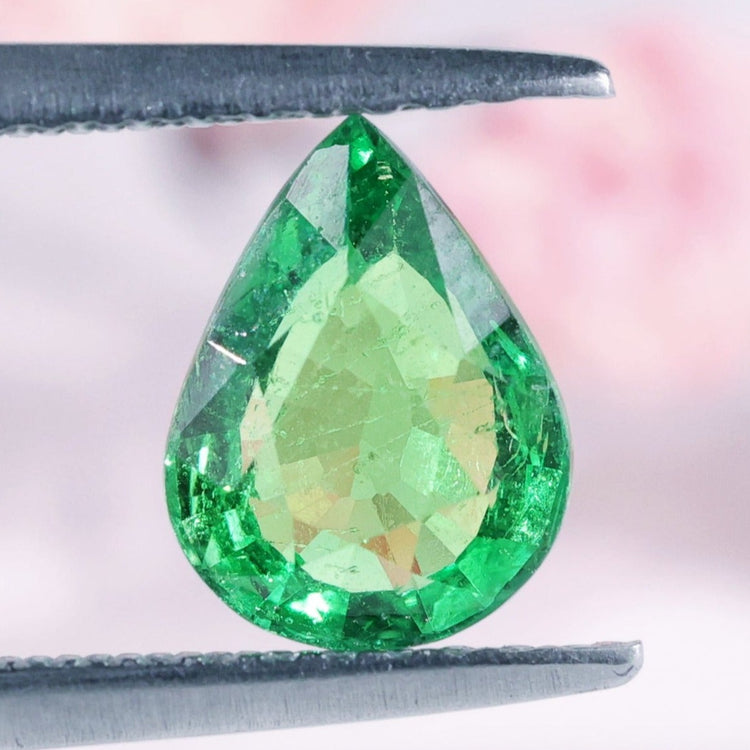 Tsavorite Gemstone shaped as pear cut gemstone in 1.18 carat pear gemstone.
