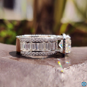 Baguette cut moissanite accents on a radiant cut halo ring
