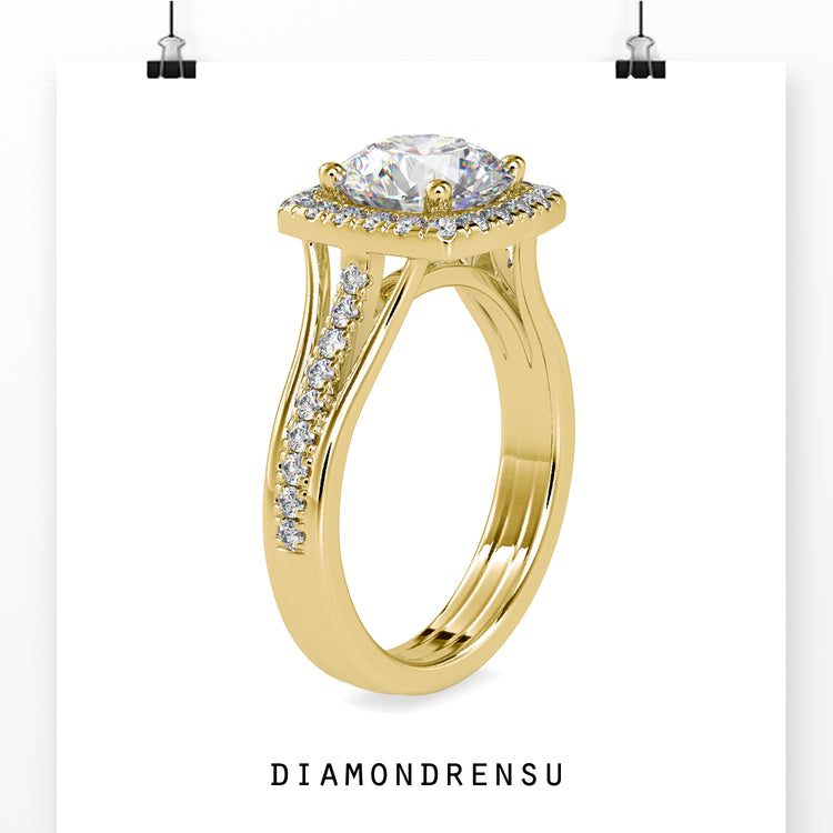 Round diamond ring halo design with a pave engagement setting.
