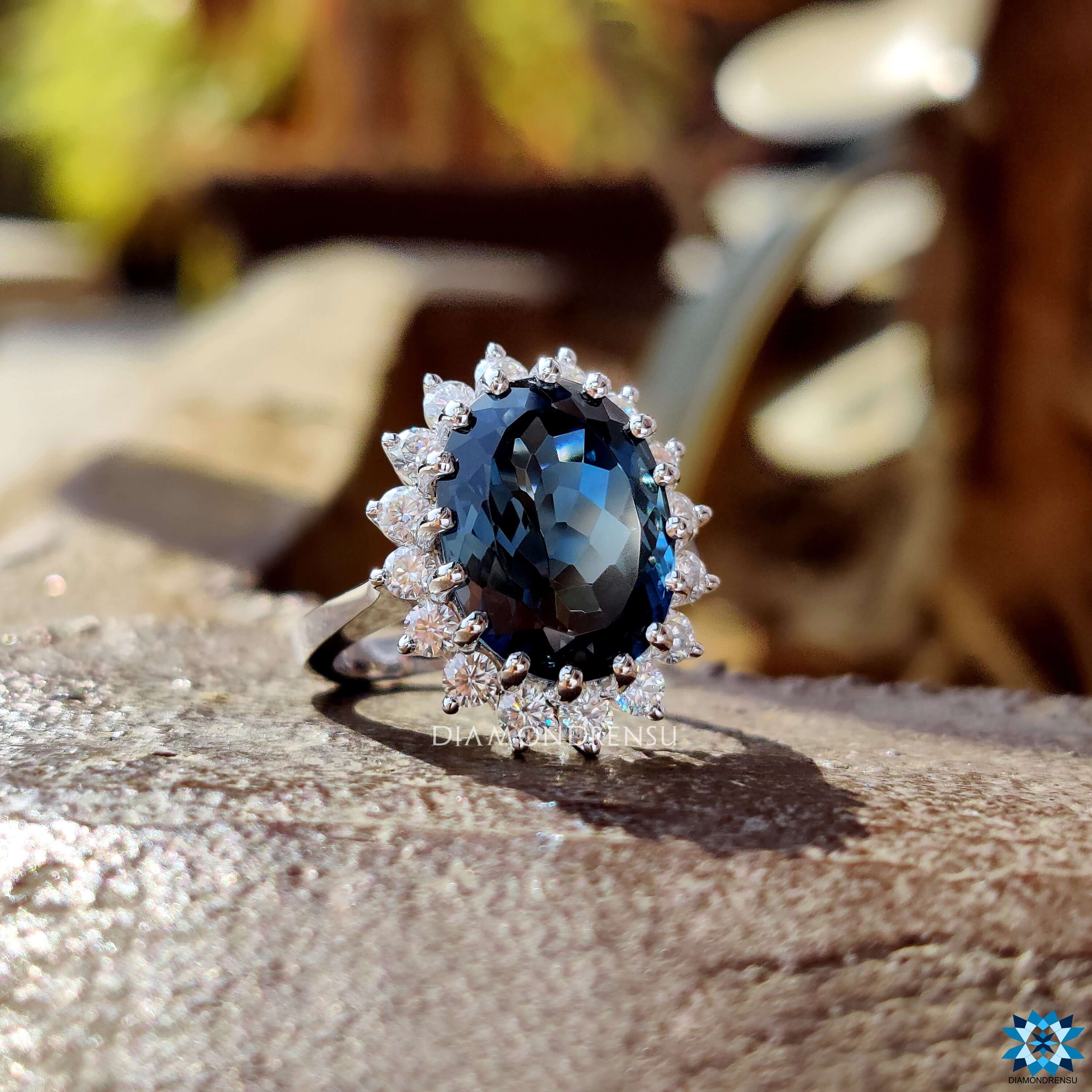 Cushion cut blue topaz ring | Blue topaz halo ring | Luxuria