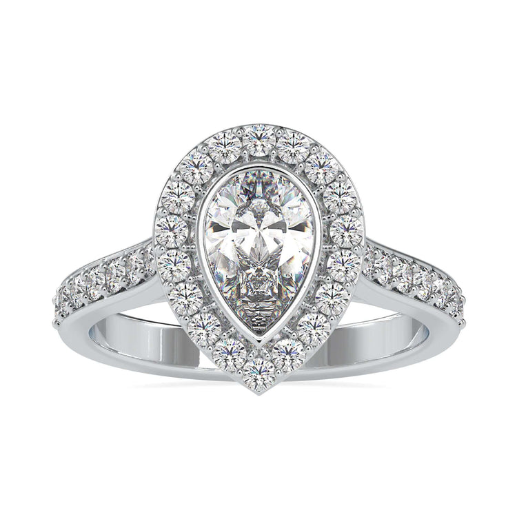 Pear halo engagement ring with pave diamond accents for added sparkle.
