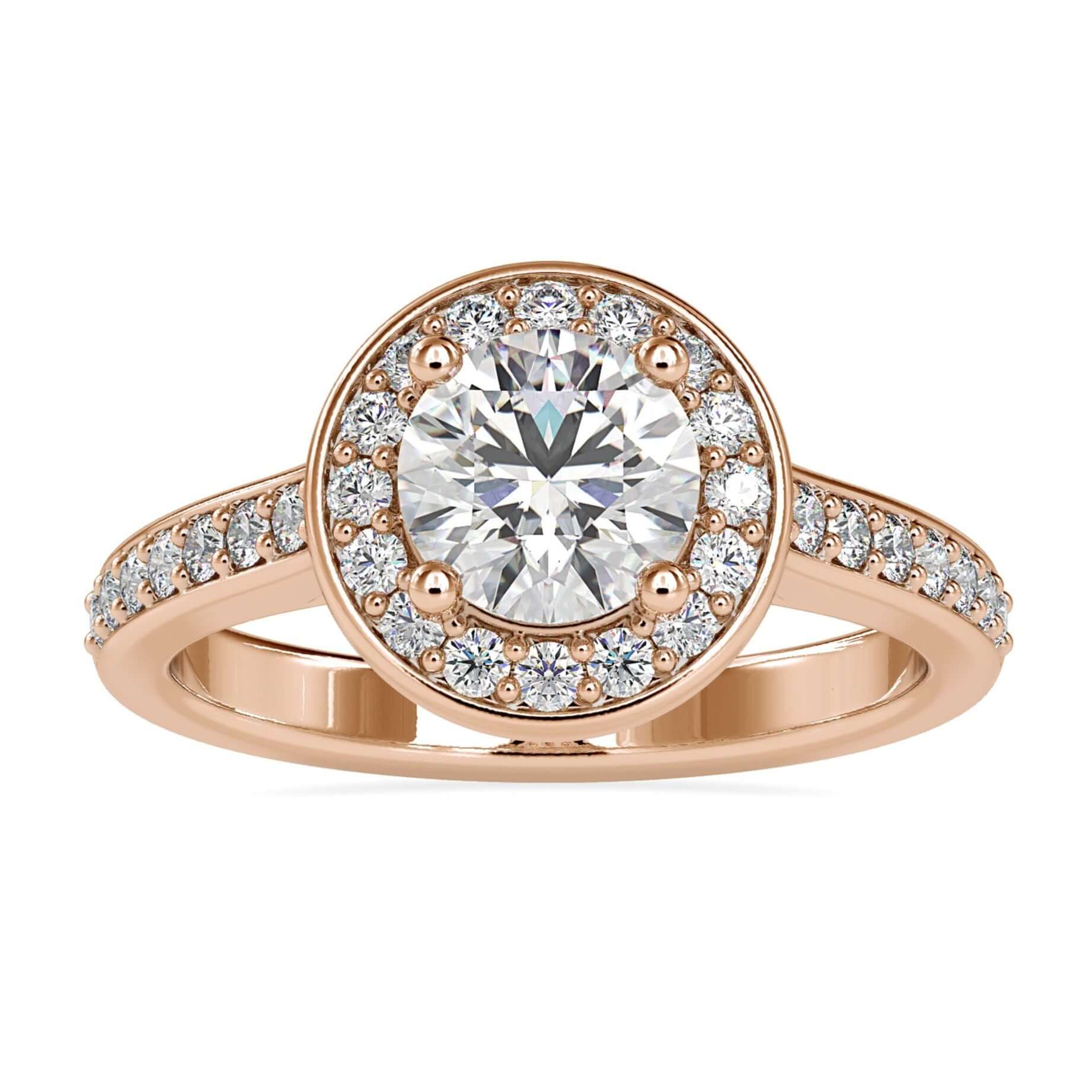 Elegant round halo engagement ring featuring a lab grown diamond for extra sparkle.
