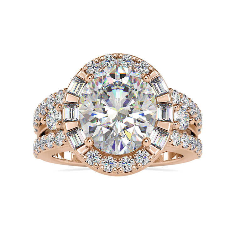 Oval ring with halo in a split shank design for a classic look.
