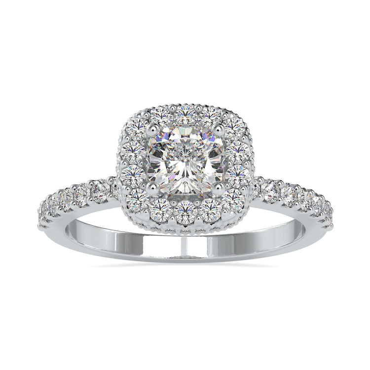 Cushion cut diamond halo pave engagement ring with a 2 sided halo and pave band setting.