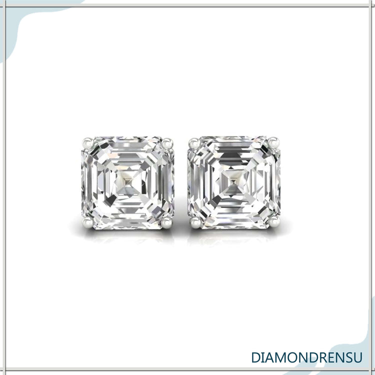 Exquisite diamond wedding earrings featuring asscher cut diamonds in a four prong setting.

