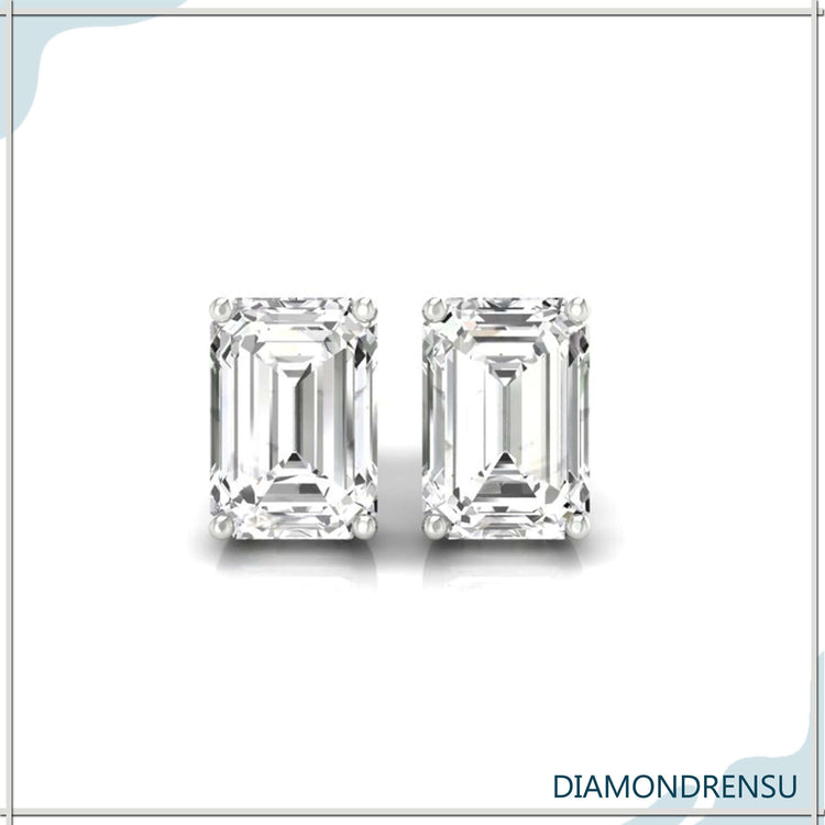 Dazzling earrings emerald diamond in a 4 prong basket setting for secure and stylish wear.