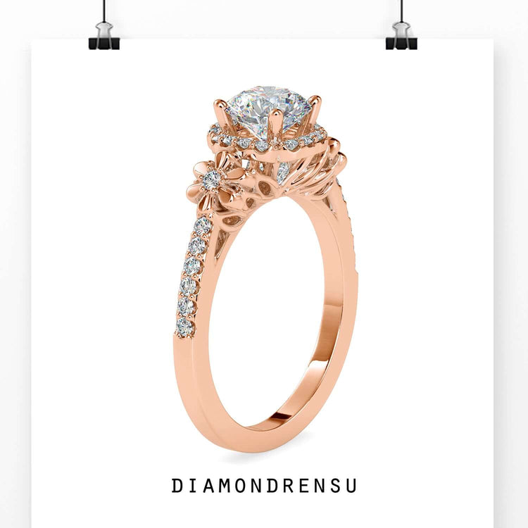 Round diamond halo ring with a floral-inspired pave engagement setting.
