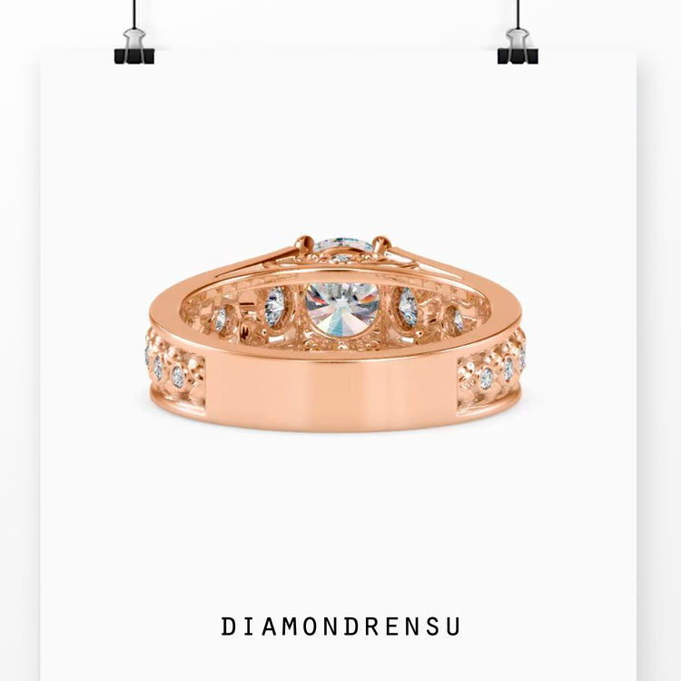 Peekaboo engagement ring with a nature-inspired design and side stones.
