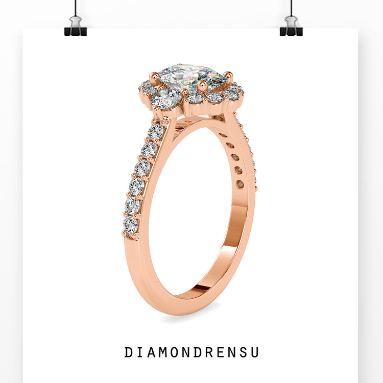 Halo diamond ring in cathedral setting with lab grown diamond