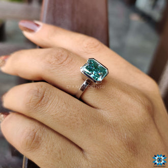 Radiant cut moissanite crafted for sophisticated elegance.
