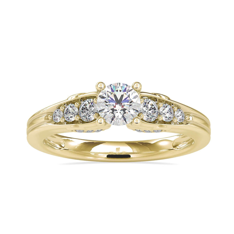 Rose gold accent ring with a round diamond and side stones.
