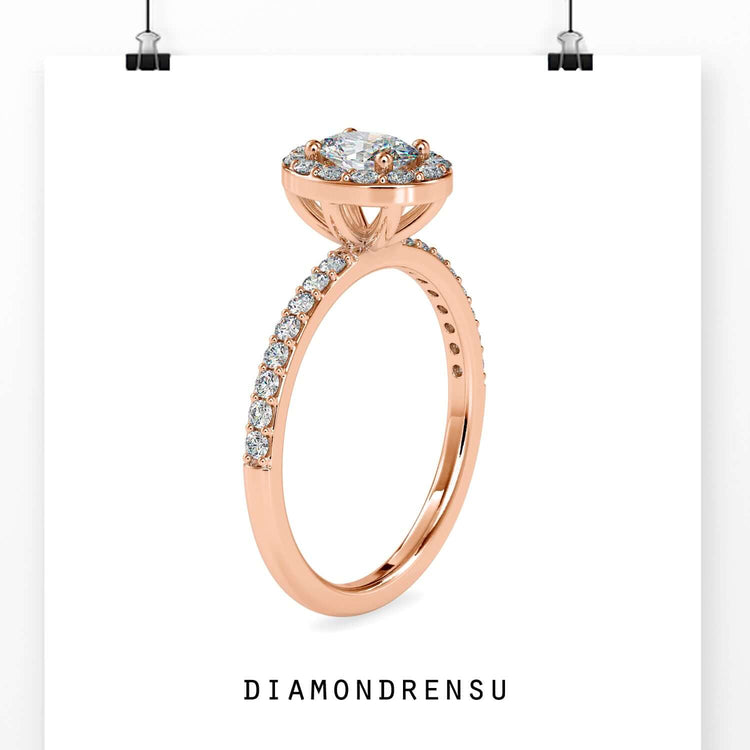 Oval diamond halo setting with a pave diamond engagement ring design and Lab Grown Diamond.
