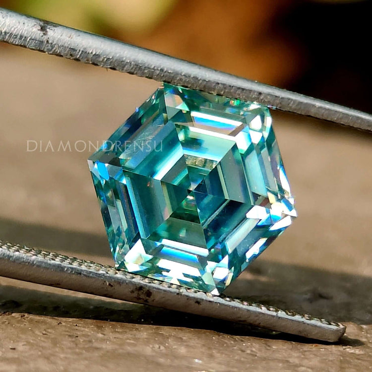 Hexagon cut moissanite shown as a loose stone from Diamondresnu.
