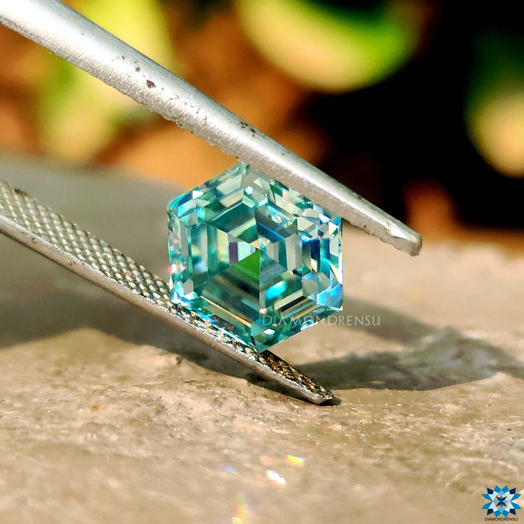 Hexagon Cyan Blue Moissanite shown as a custom loose stone.
