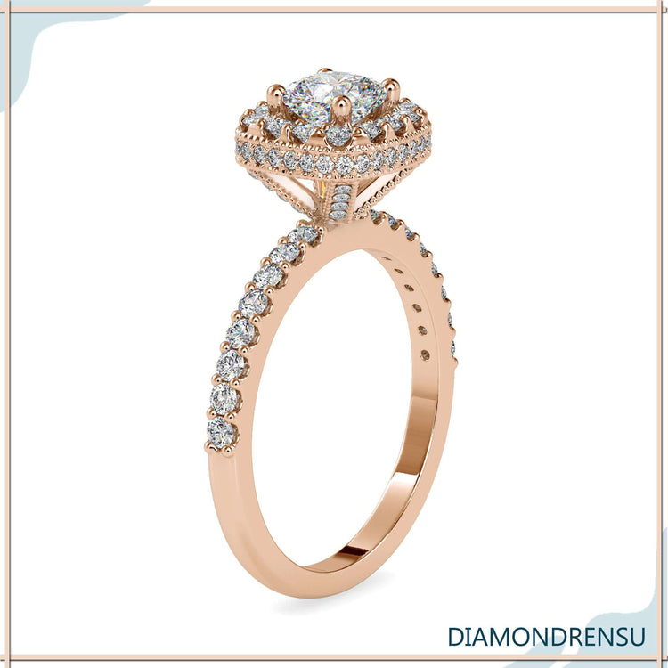Diamond ring cushion cut with halo and a micro pave hidden halo engagement ring design.