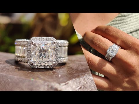 2.86 CT Square Radiant Cut Moissanite Engagement Ring, Pave Baguette and Round Moissanite