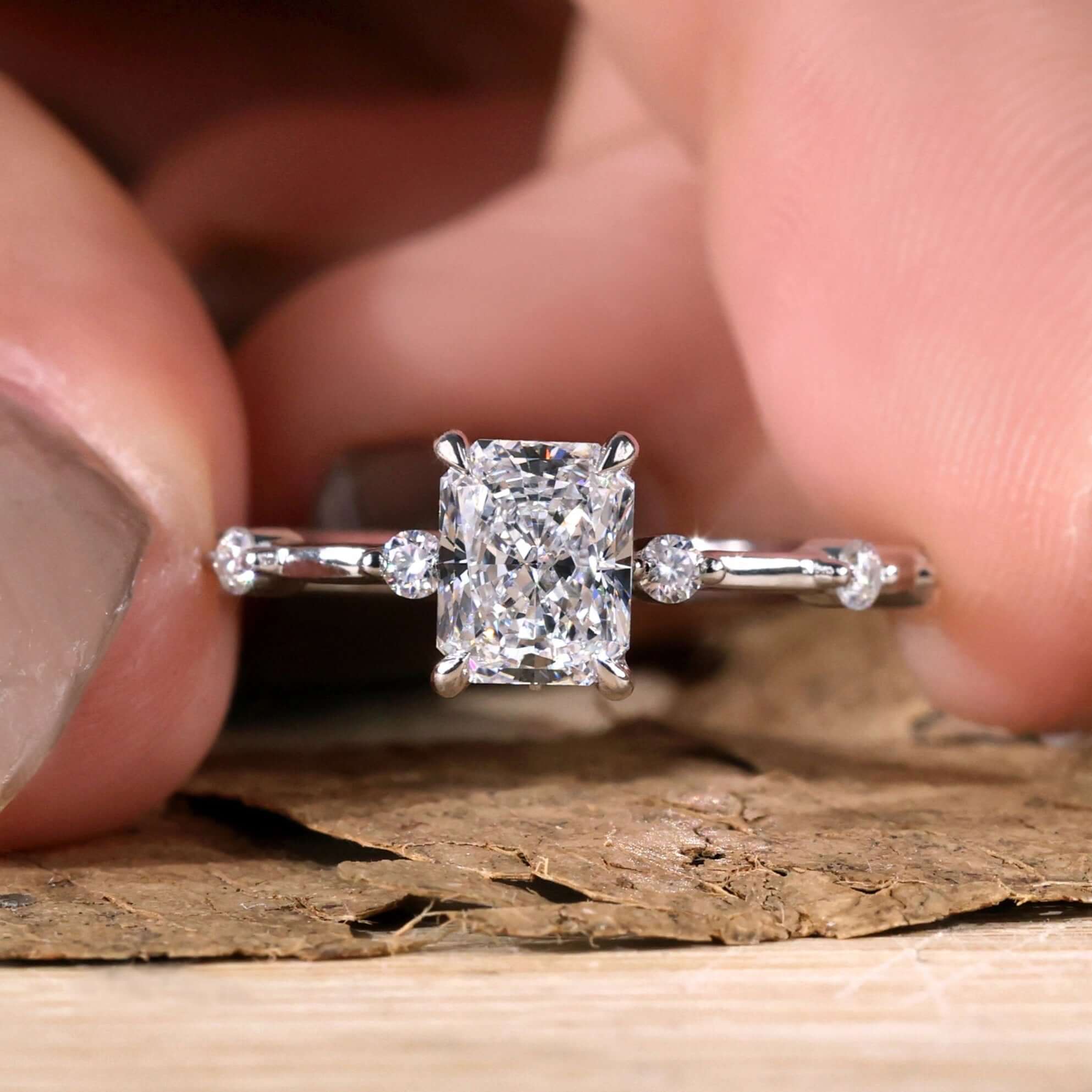 Lab Created Diamond Ring-Radiant Cut Distance Pave Set Engagement Ring