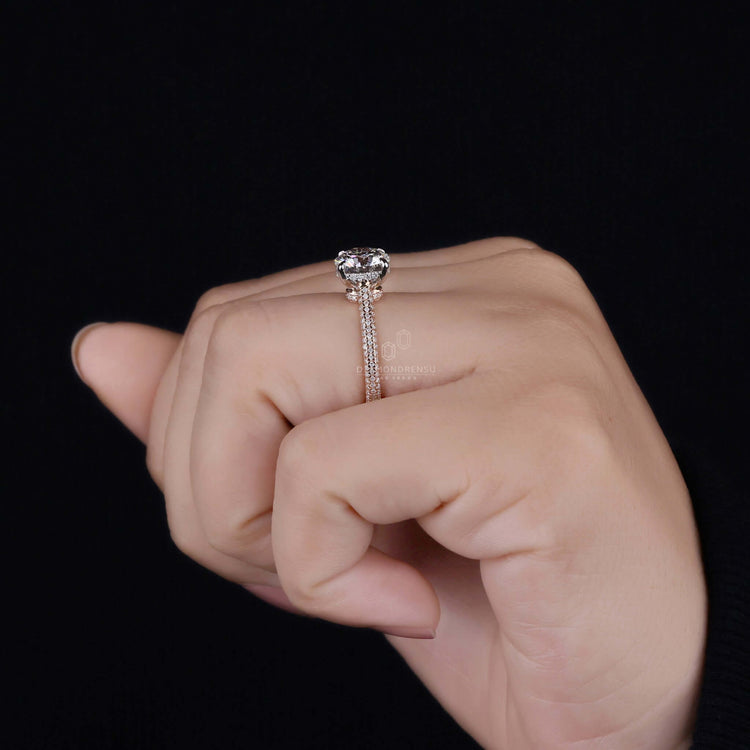 Handmade ring featuring 3 sided pave diamonds.
