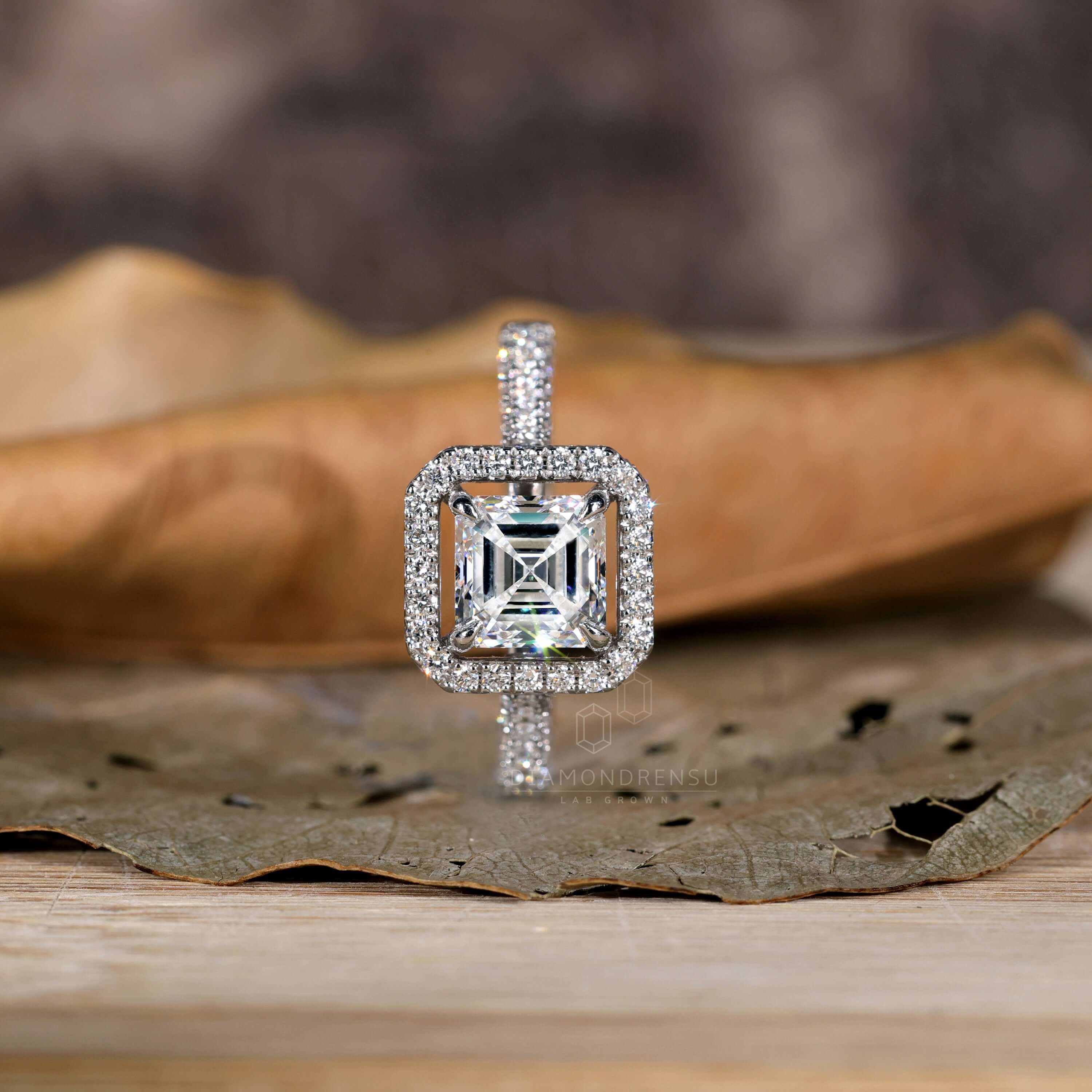 1.30 CT Asscher Cut Lab Created Diamond Engagement Ring - Halo/Pave Ring