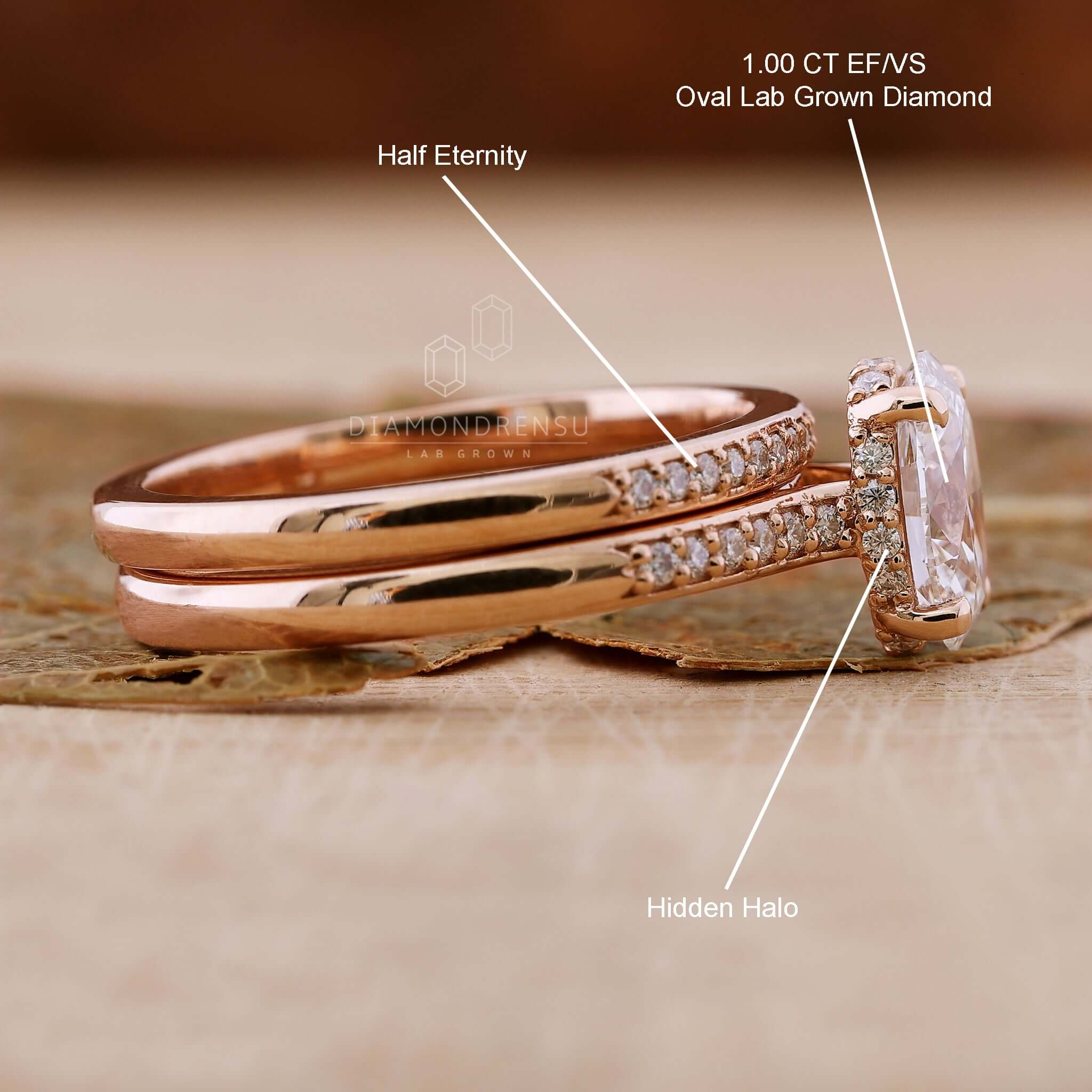 Large Oval Lab Diamond Ring Bridal Set Rose Gold Solitaire Ring Stack
