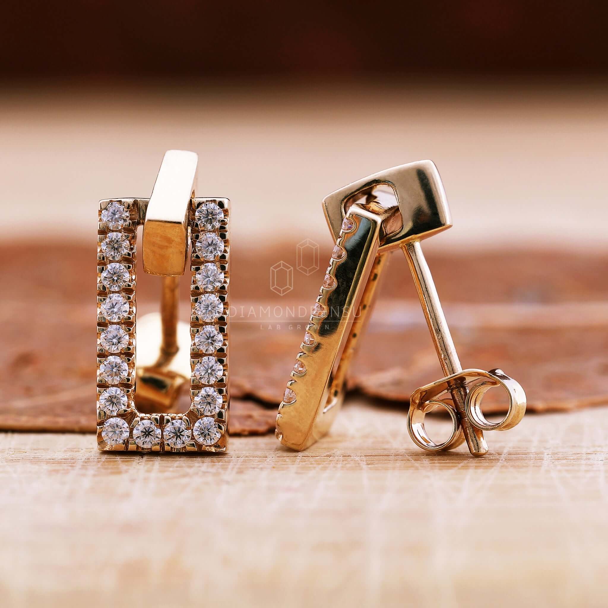 Rectangular Rounded Earrings Rectangle Shape Earrings, Round Cut Lab Grown Diamond Dangle Earrings