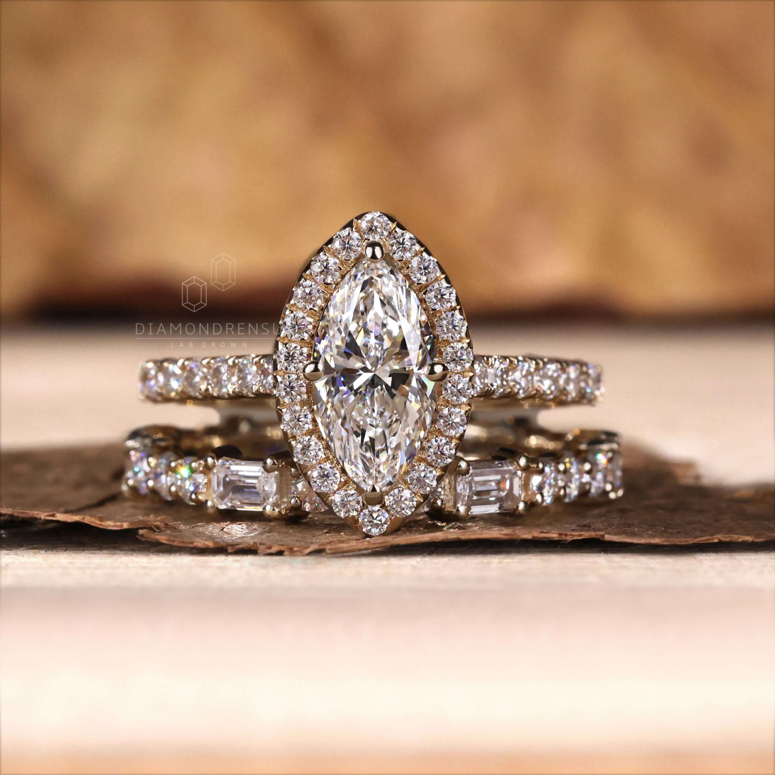 Wedding Ring Set Marquise Diamond Engagement Ring Matching Band 14k Yellow  Gold Bridal Set 