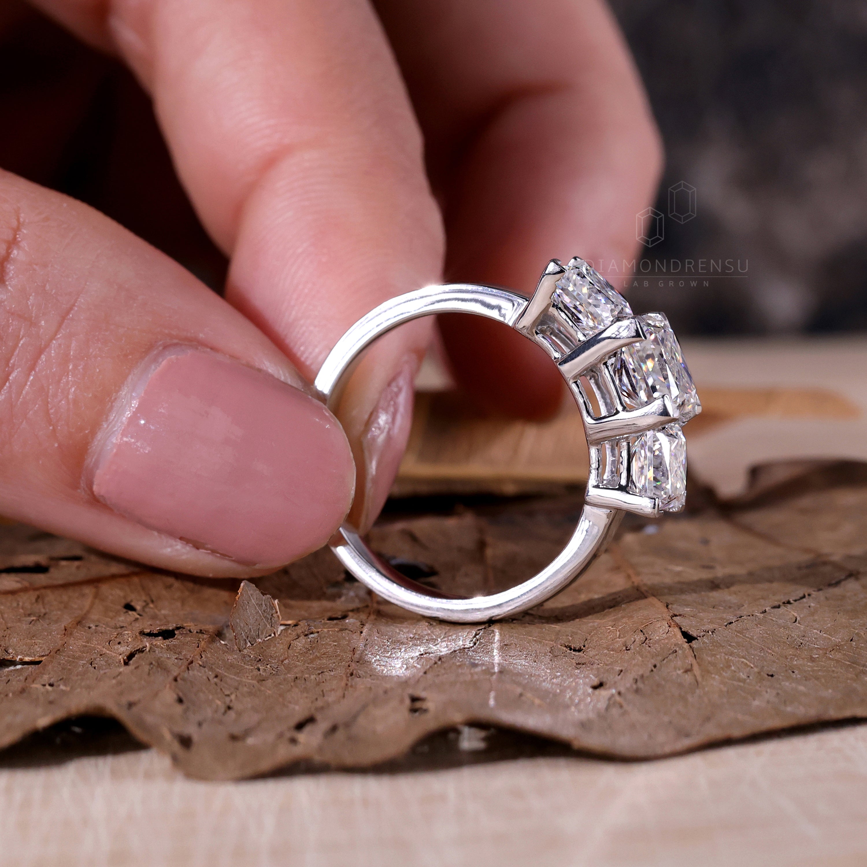 Three Stone Engagement Ring | Princess Cut Lab Diamond Ring for Women