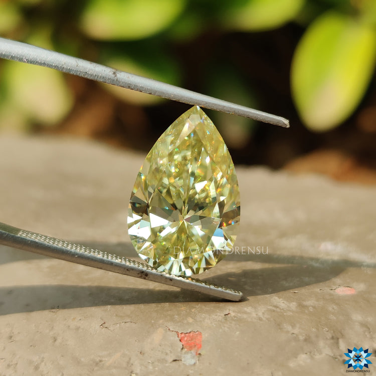 Loose moissanite shown in pear shape for custom pieces.
