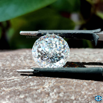 5 carat moissanite stone shown as a round Portuguese cut.
