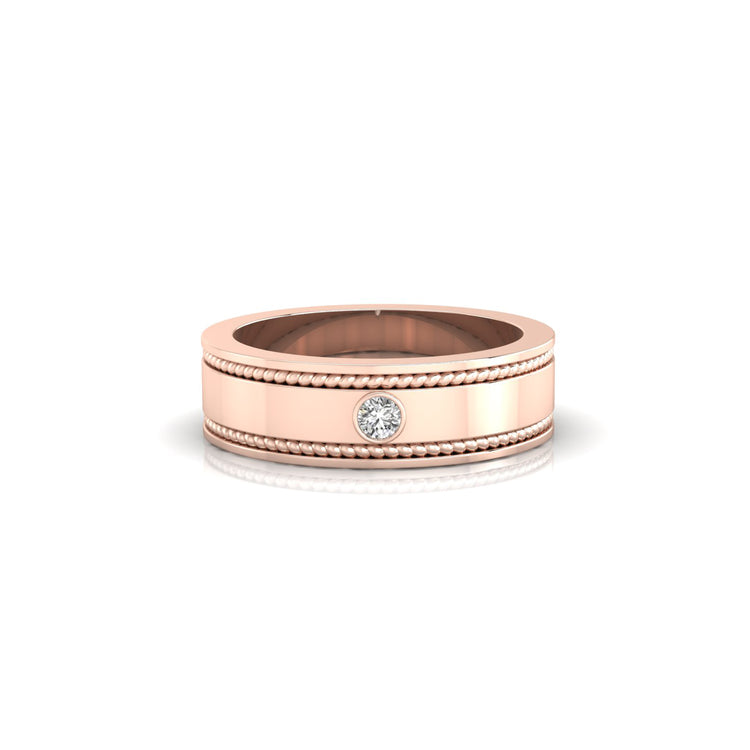 White gold mens wedding band with modern round diamond setting.
