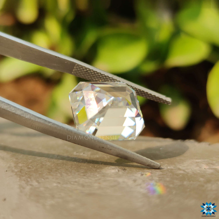 10.15 carat Emerald Step Cut shown as a loose moissanite for rings or pendants.
