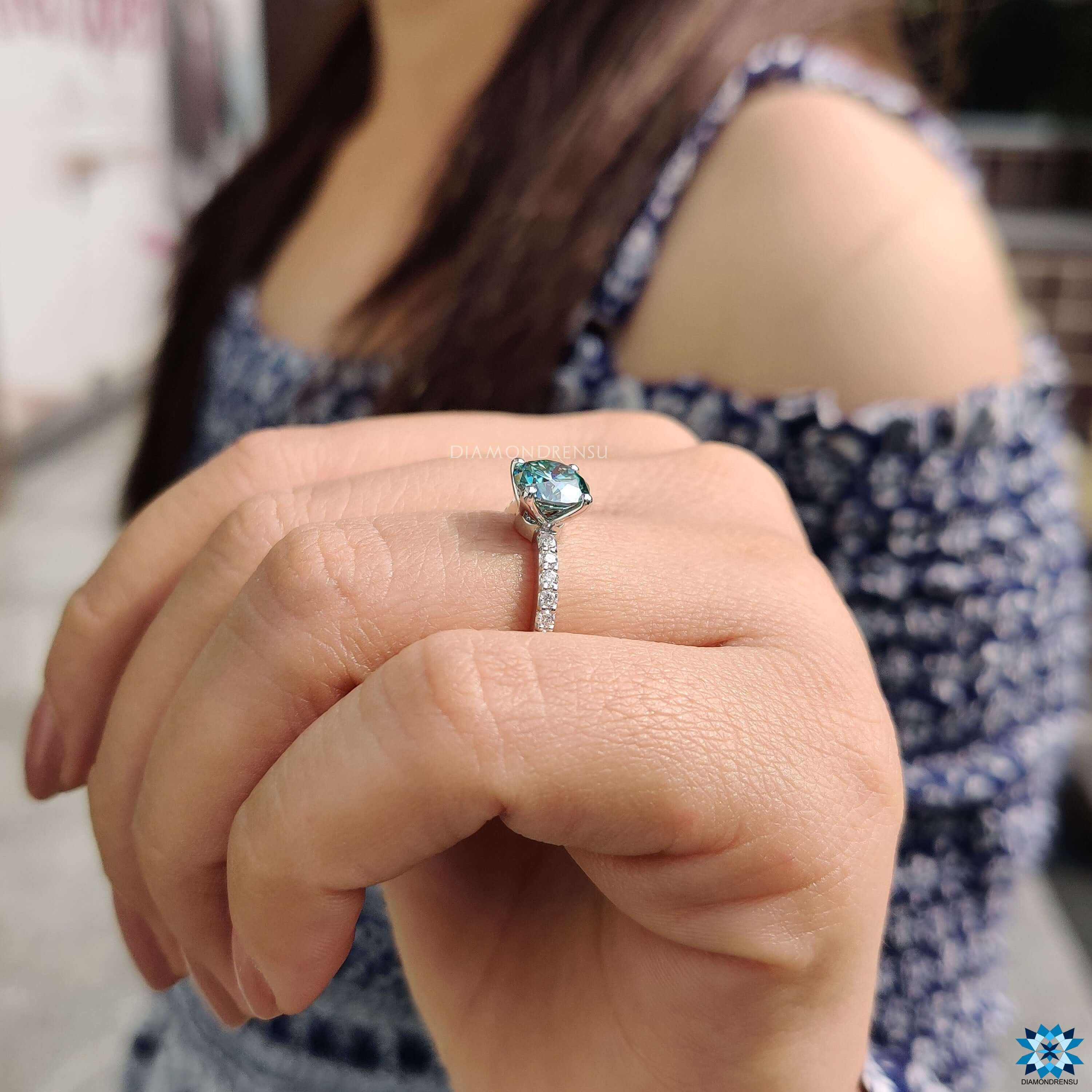 cyan blue moissanite ring