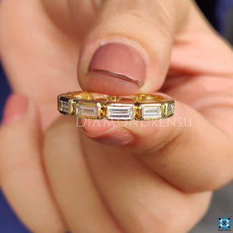 Unique moissanite baguette band in a stylish handmade design.