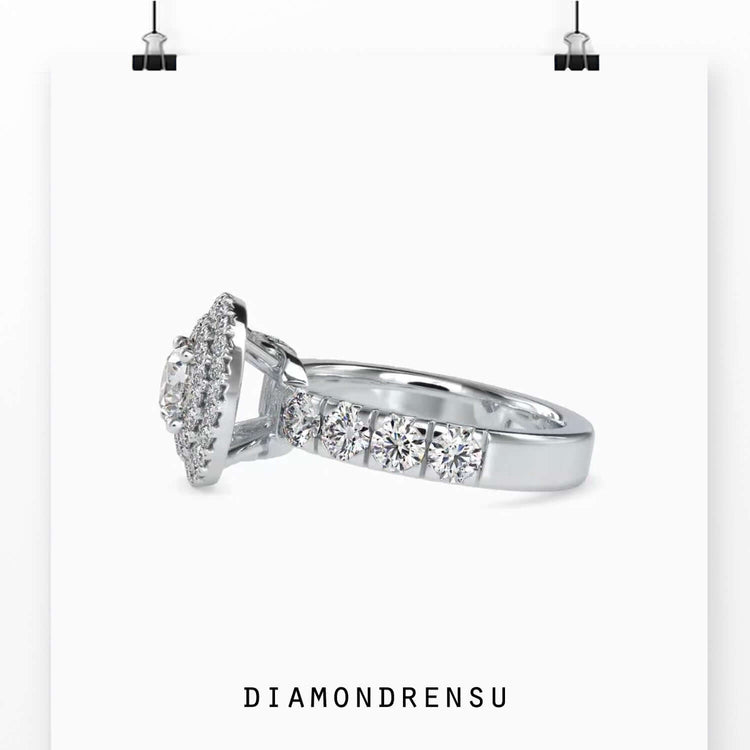 Engagement ring with pave and round cut diamond, yellow gold band
