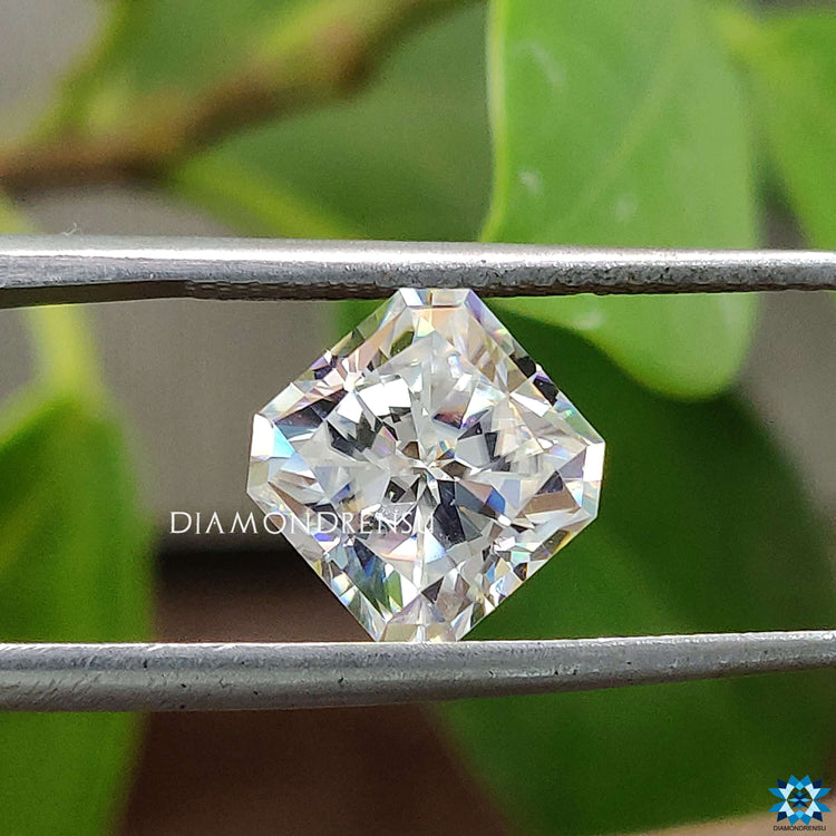 Unique cut Moissanite designed as Square Radiant Rensu Cut ideal for custom wedding jewelry.