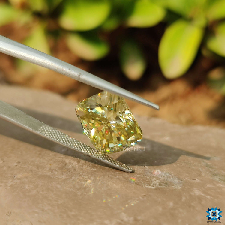 Elegant Greenish Yellow Cut moissanite shown from Diamondresnu collection.
