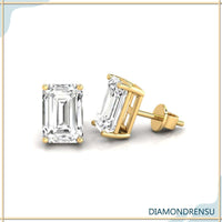 Beautiful emerald cut diamond earring in a simple design, crafted with Lab Grown Diamond.